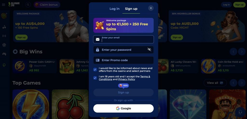 Billionairespin Registration